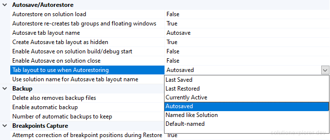 Autosave/Autorestore section of the Simple Tab Saver Advanced options page, with the Tab layout to use when Autorestoring dropdown open on its six values Autosave/Autorestore section of the Simple Tab Saver Advanced options page, with the Tab layout to use when Autorestoring dropdown open on its six values