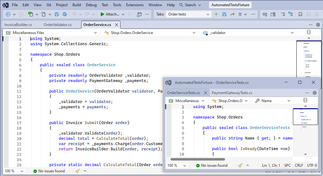 Visual Studio main window with its open tabs and the new floating document window Append created for the floating tabs of the appended tab layout Visual Studio main window with its open tabs and the new floating document window Append created for the floating tabs of the appended tab layout