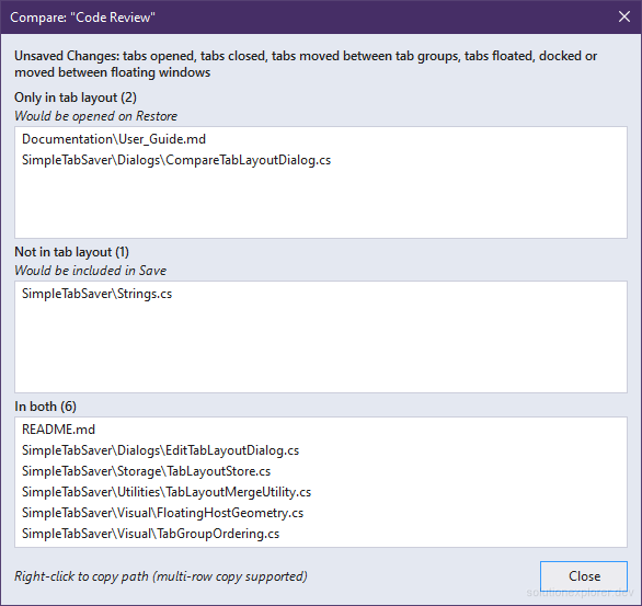 Simple Tab Saver Compare dialog with an Unsaved Changes line naming tabs moved between tab groups and floating windows Simple Tab Saver Compare dialog with an Unsaved Changes line naming tabs moved between tab groups and floating windows