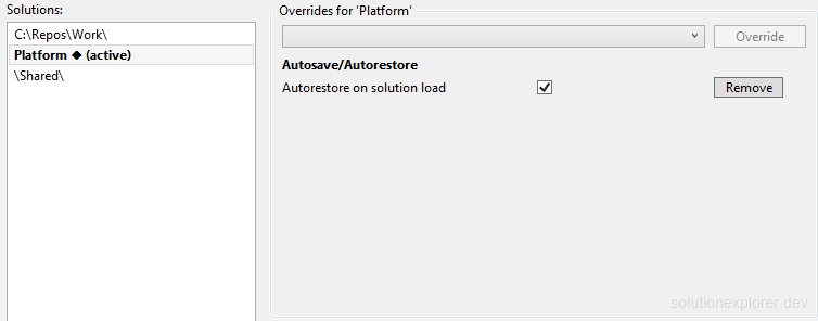 Simple Tab Saver Solution Specific options page with the active entry of one solution overriding Autorestore on solution load Simple Tab Saver Solution Specific options page with the active entry of one solution overriding Autorestore on solution load