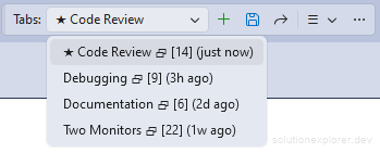 Simple Tab Saver toolbar dropdown listing four tab layouts that hold floating windows, each with the Floating Windows glyph after its name Simple Tab Saver toolbar dropdown listing four tab layouts that hold floating windows, each with the Floating Windows glyph after its name