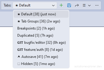 Simple Tab Saver toolbar with the dropdown open on the saved tab layouts of a solution, beside the New, Save, Restore, and Management buttons Simple Tab Saver toolbar with the dropdown open on the saved tab layouts of a solution, beside the New, Save, Restore, and Management buttons