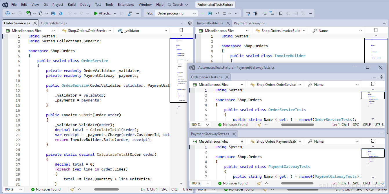 Visual Studio main window split into two vertical tab groups, with a floating document window split into two horizontal tab groups Visual Studio main window split into two vertical tab groups, with a floating document window split into two horizontal tab groups