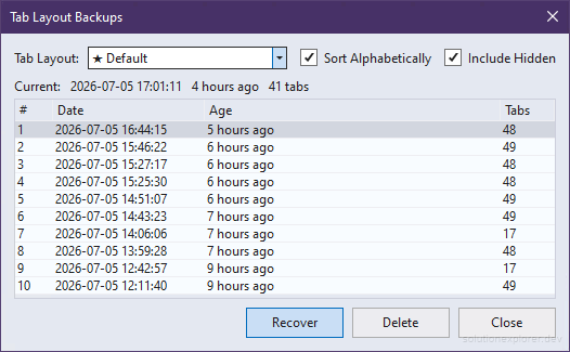 Simple Tab Saver Tab Layout Backups dialog