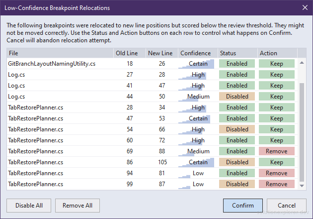 Simple Tab Saver Breakpoints Review dialog