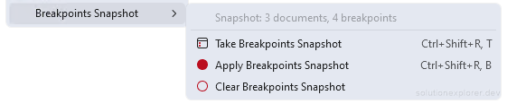 Simple Tab Saver Breakpoints Snapshot sub-menu with take, apply, and clear commands