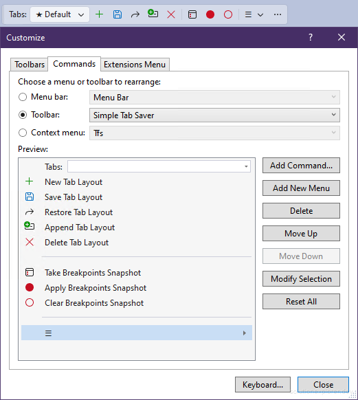 Visual Studio Customize dialog showing Simple Tab Saver toolbar