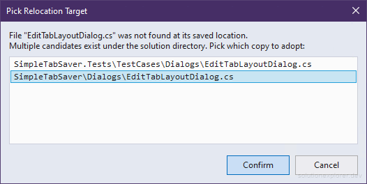 Simple Tab Saver drift detection dialog offering a relocated file as the target of a saved tab
