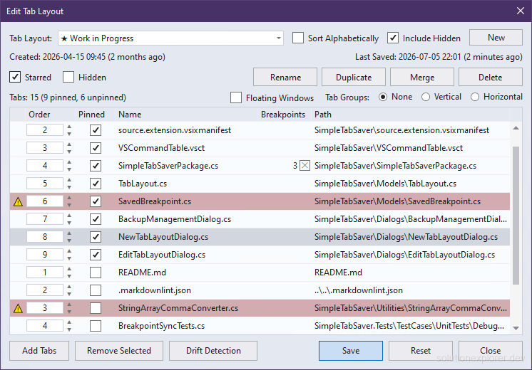 Simple Tab Saver Edit dialog listing the tabs of a saved tab layout
