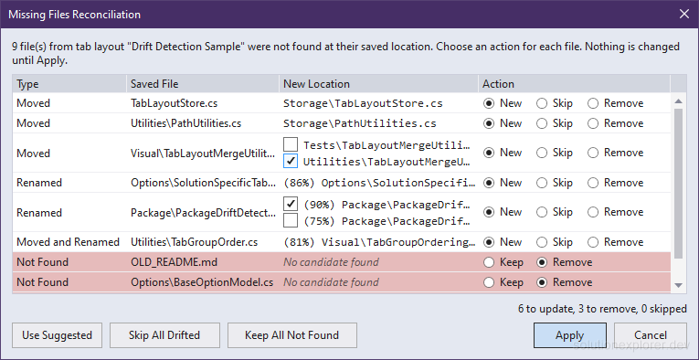 Simple Tab Saver Missing Files Reconciliation dialog listing missing files with their candidate locations and actions