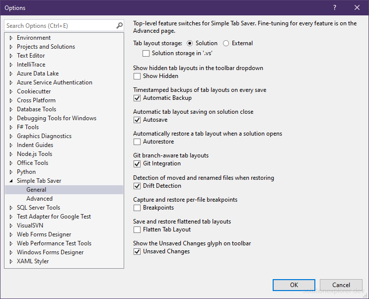 Simple Tab Saver General options page in the Visual Studio Options dialog