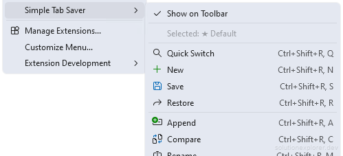Extensions menu bar with the Simple Tab Saver entry opened, showing commands and the Selected label