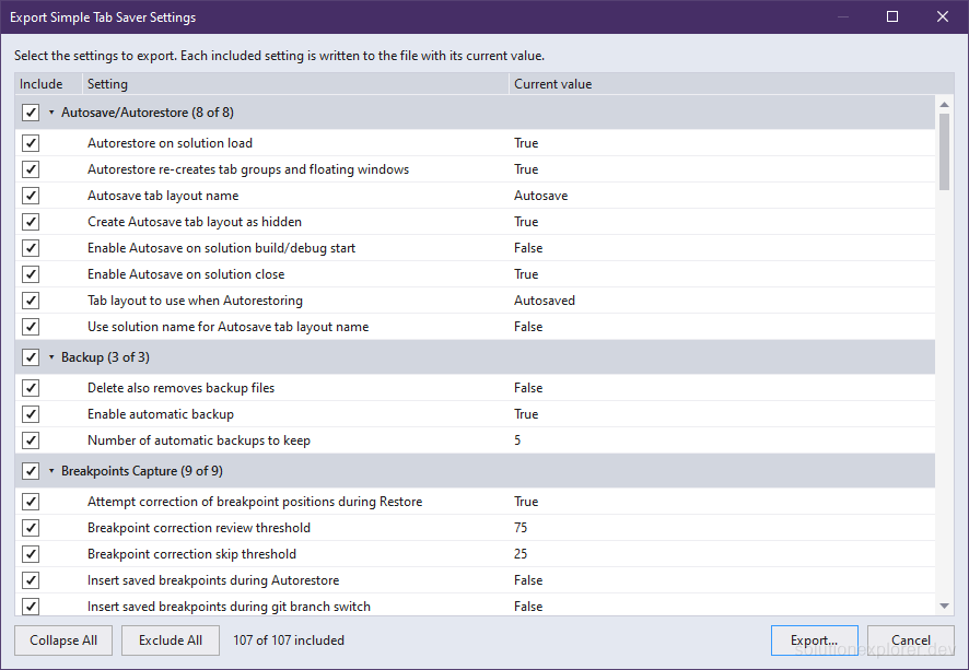 Simple Tab Saver Export Settings dialog listing the settings by section with their current values