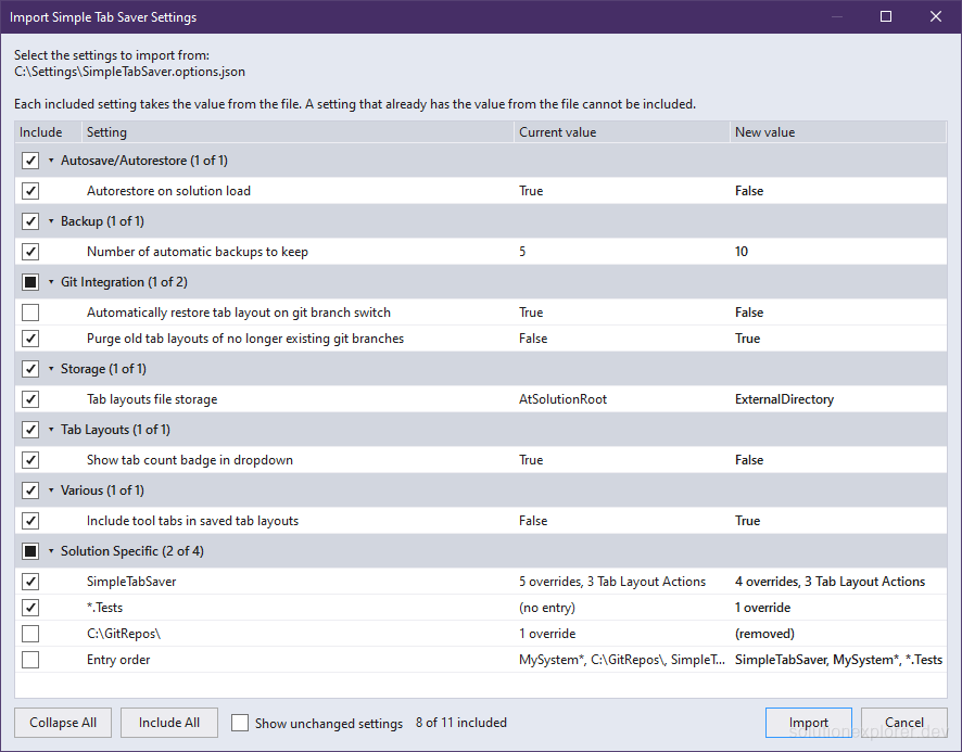 Simple Tab Saver Import Settings dialog listing the changed settings with their current and new values, one setting and the removal of one entry excluded