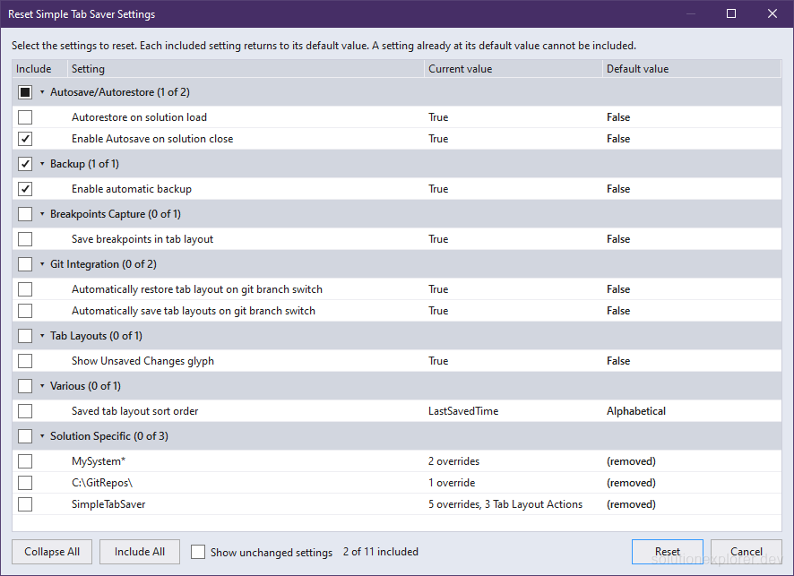 Simple Tab Saver Reset Settings dialog listing the settings away from their defaults, two of them included