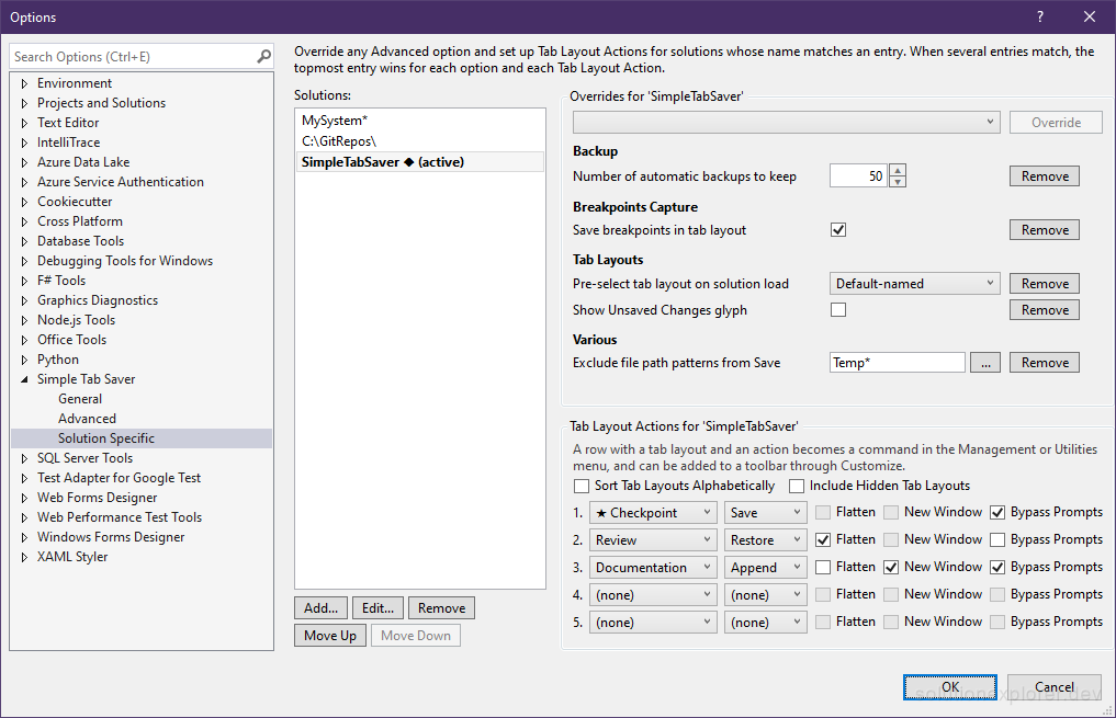 Simple Tab Saver Solution Specific options page with solution entries, overridden options, and Tab Layout Actions