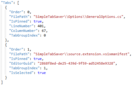 Simple Tab Saver JSON file storing opened document tabs