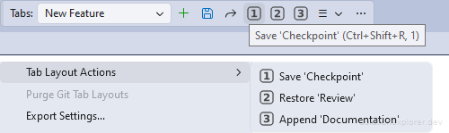 Simple Tab Saver Solution Tab Layout Actions commands in Utilities menu and buttons added on toolbar